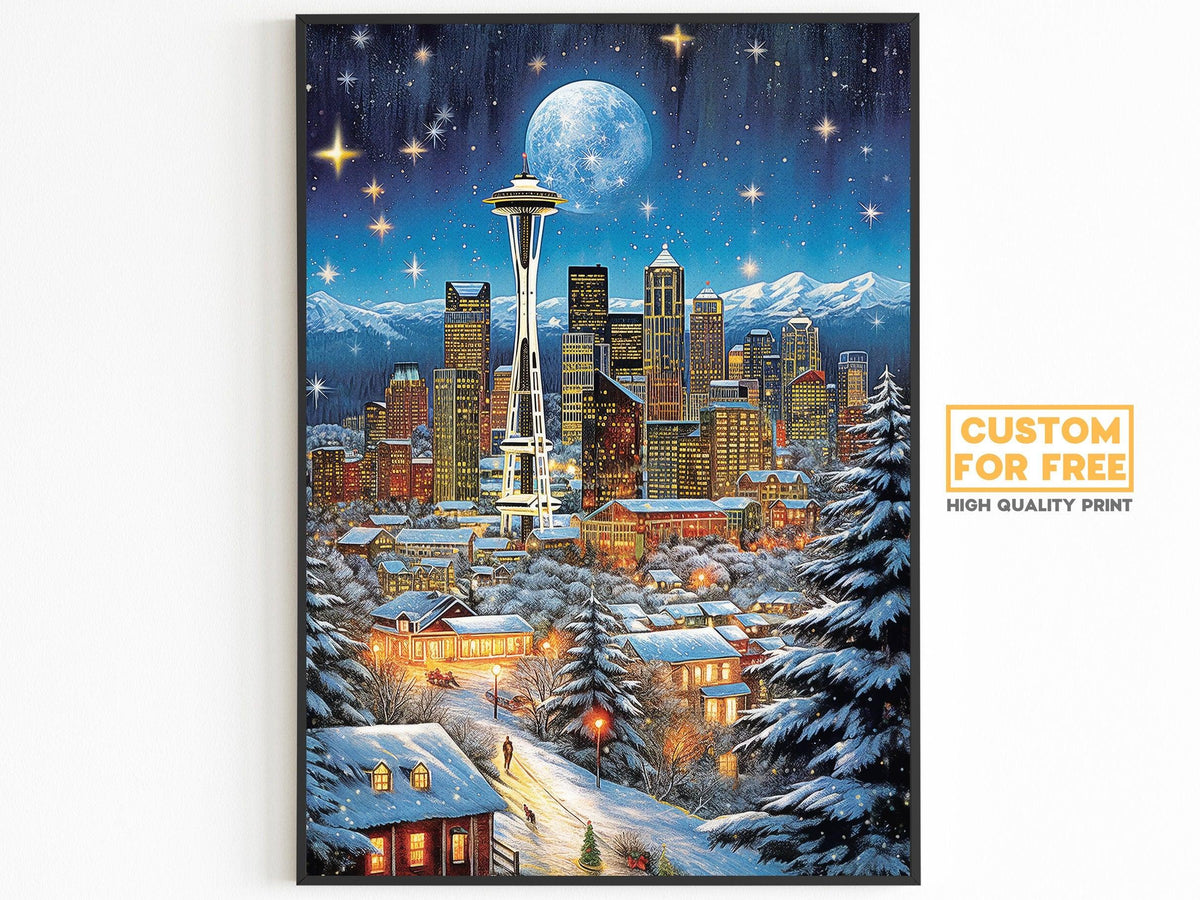Vintage Christmas Washington Poster, Seattle Night, Nostalgic Winter Art, Travel Poster Gift for Christmas, Full Moon, Starry Sky