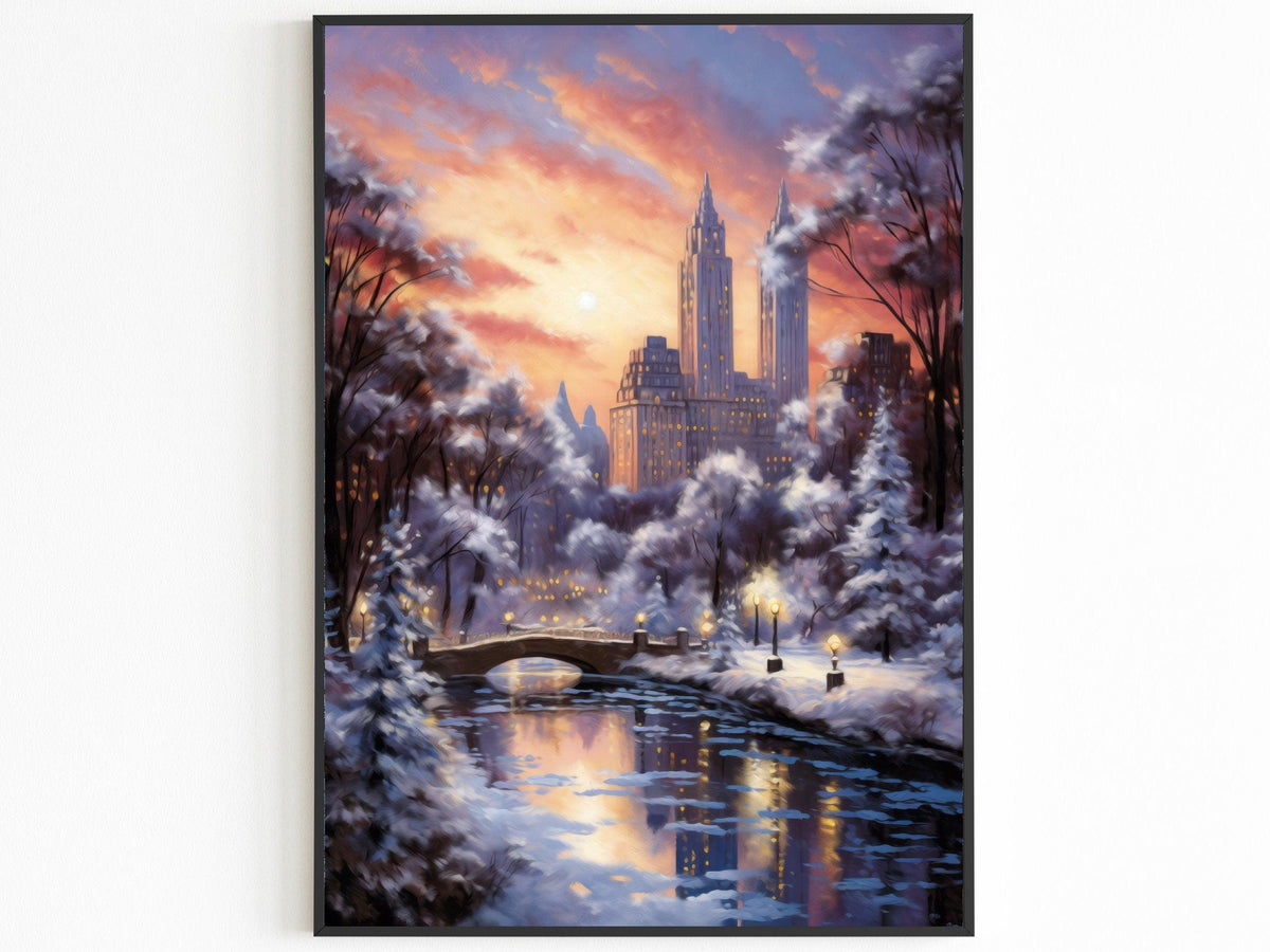 New York Winter Poster, Central Park Poster, Sunset Lights, Decor For World Traveller, Oil Painting Christmas Gift, Aesthetic Snowing