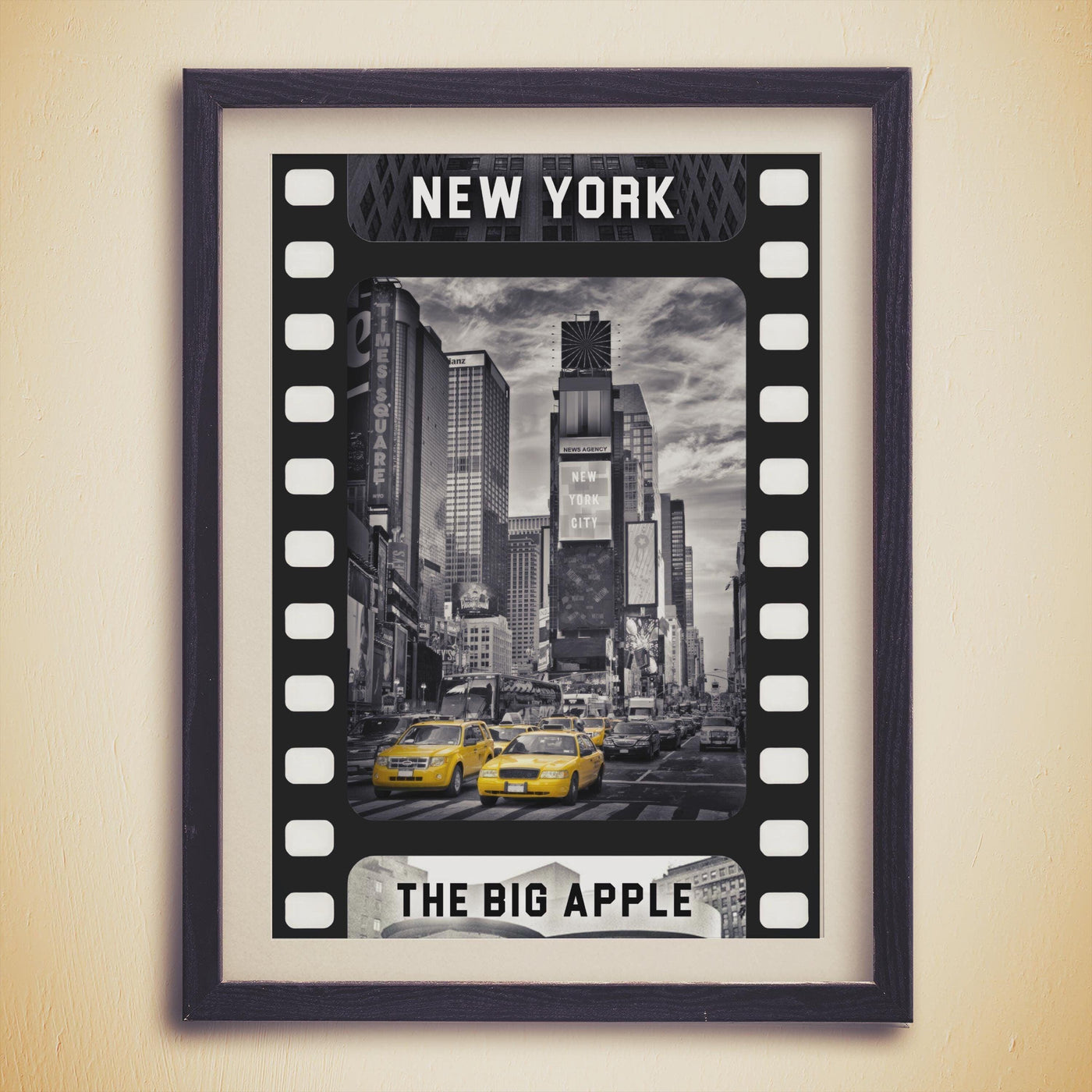 NYC Black & White Movie Tape Decor | Aesthetic Yellow Taxi Isolated Color | Poster