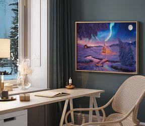 Colorful Winter Wonderland Oil Painting Wall Art | Northern Lights Landscape Decor | Panoramic Poster