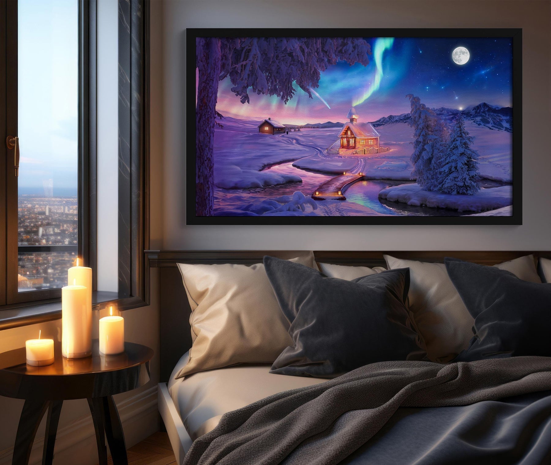 Colorful Winter Wonderland Oil Painting Wall Art | Northern Lights Landscape Decor | Panoramic Poster