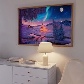 Colorful Winter Wonderland Oil Painting Wall Art | Northern Lights Landscape Decor | Panoramic Poster