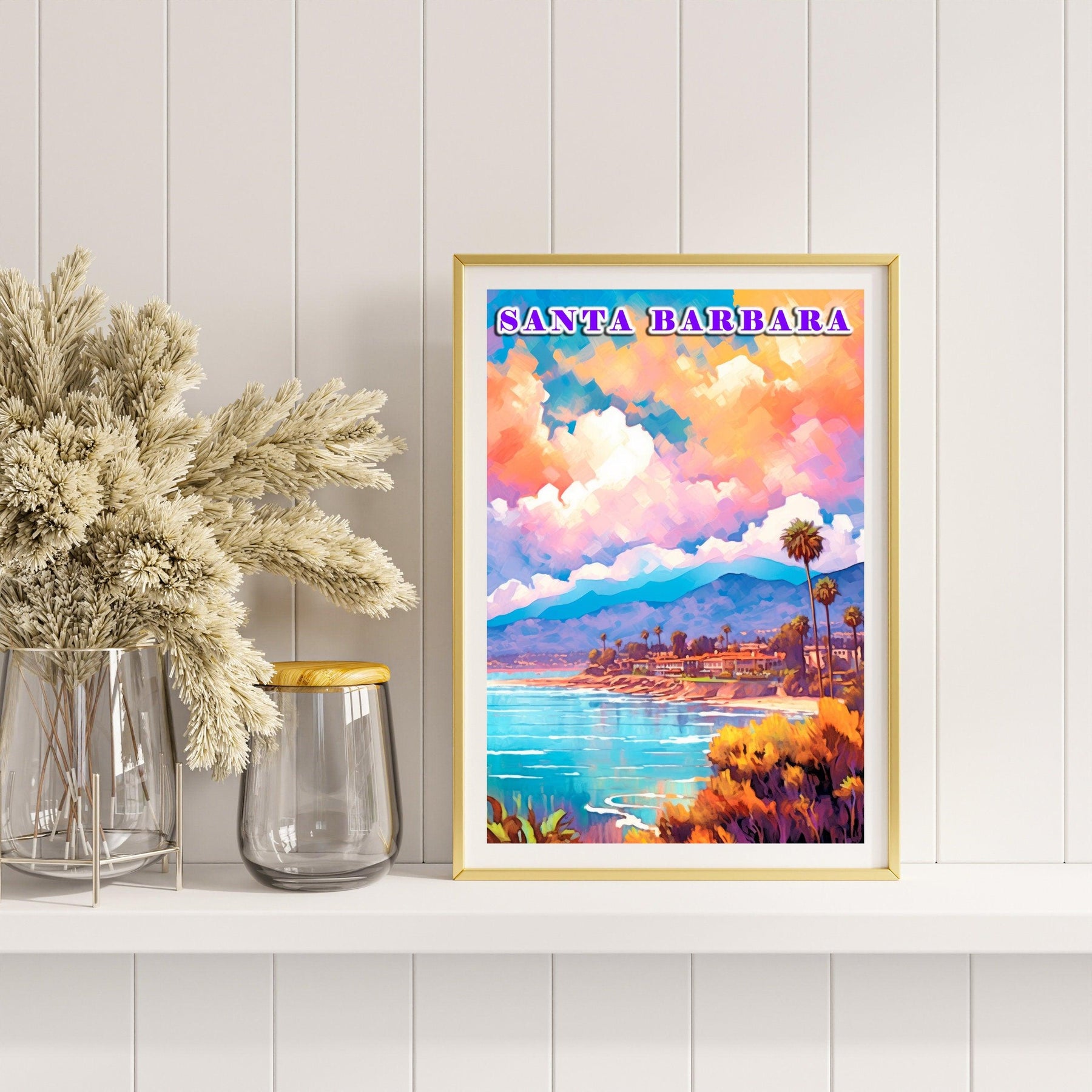 Santa Barbara Printable, Pastel Color Sunset, California Colorful Poster, World Travel Poster, Vibrant Retro Poster, Aesthetic Retro Poster