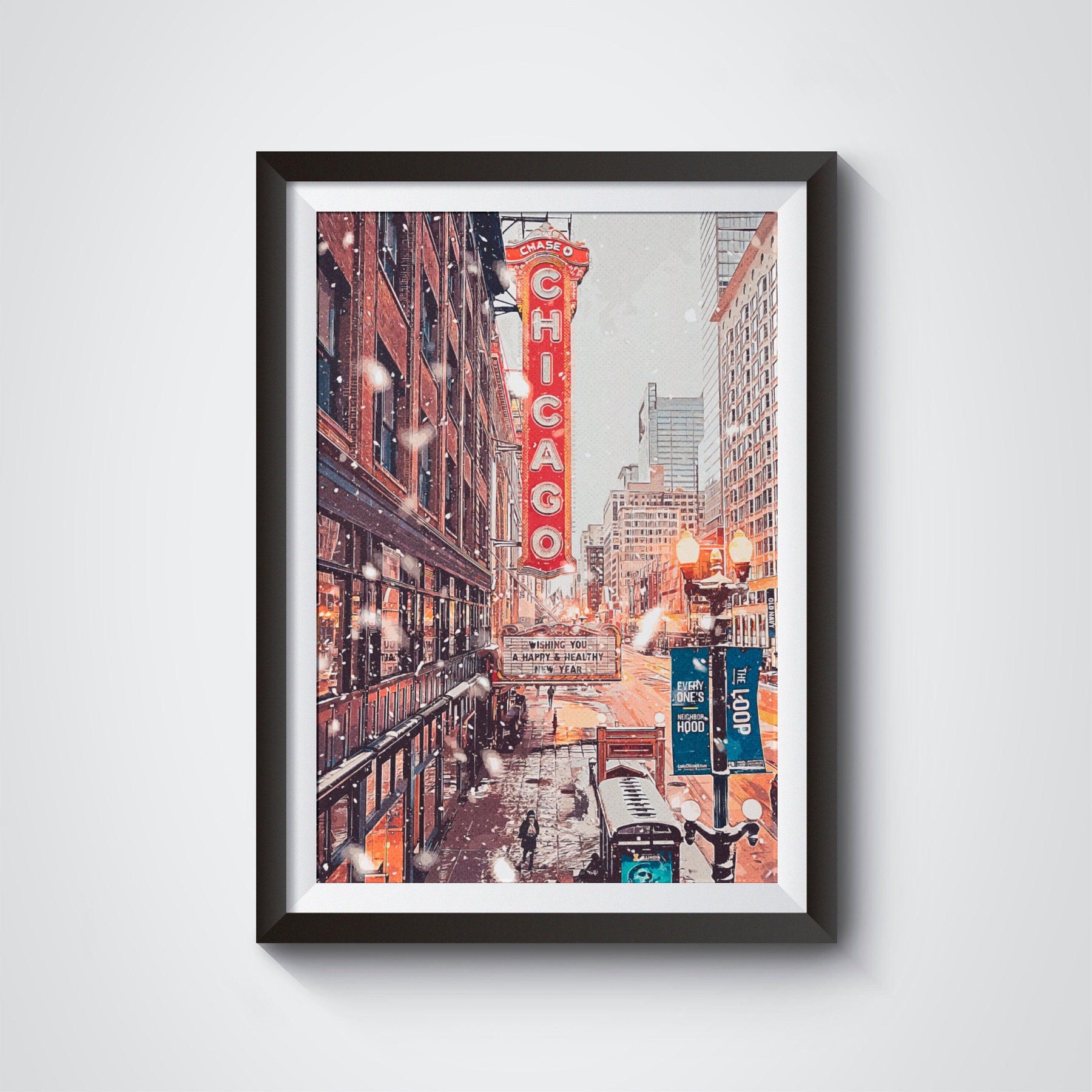 Chicago Poster, Christmas Winter Light Print, Theater Sign, Illinois State Gift, Snowflake Photo, New Year Light, United States Poster