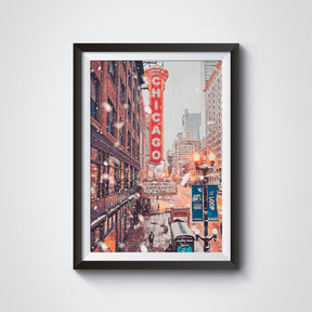 Chicago Poster, Christmas Winter Light Print, Theater Sign, Illinois State Gift, Snowflake Photo, New Year Light, United States Poster