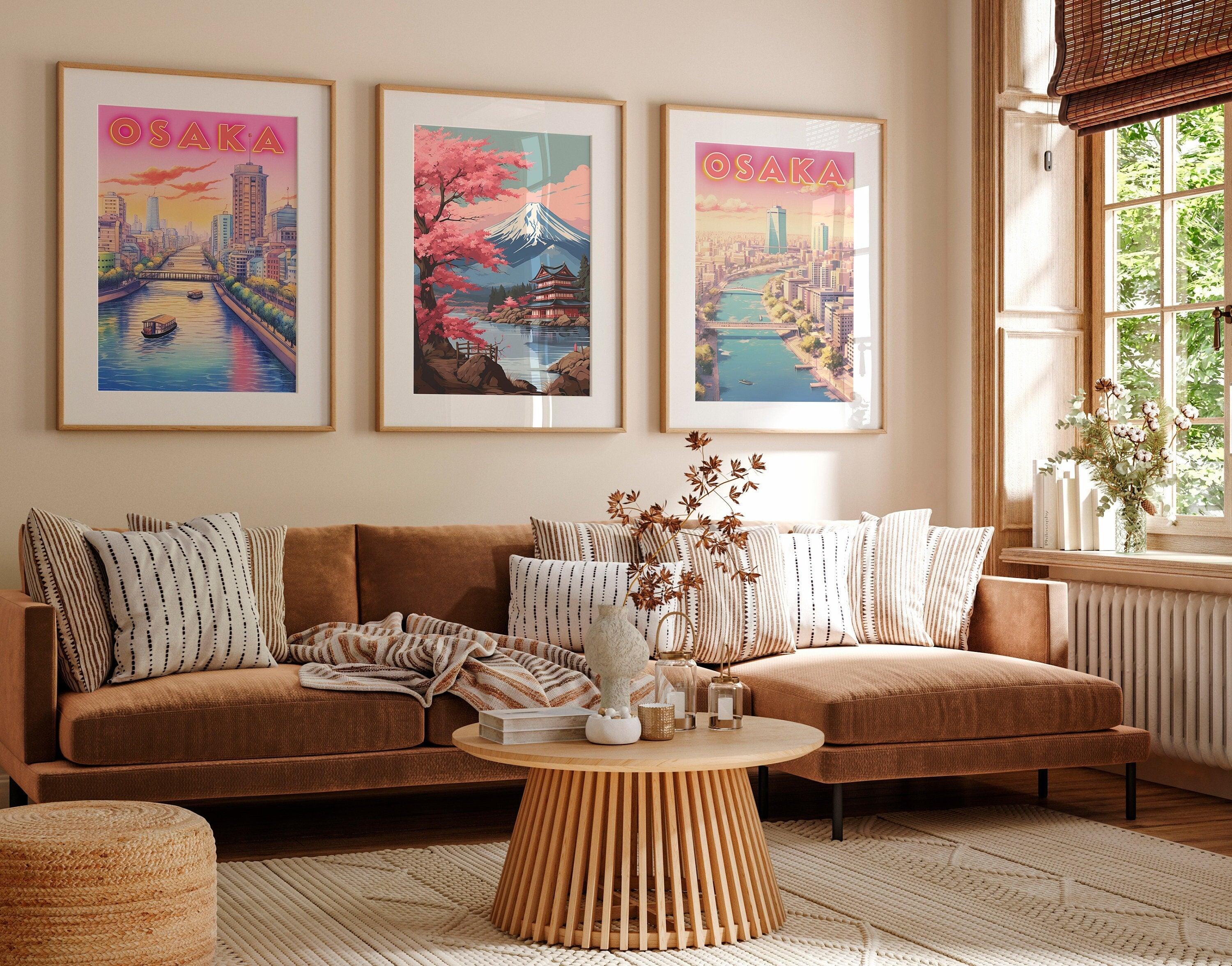 Set Of 3 Japan Poster, Pink Cherry Blossom Print, Mount Fuji Poster, Osaka Poster, Japanese Colorful Set, Home Decoration For Traveller