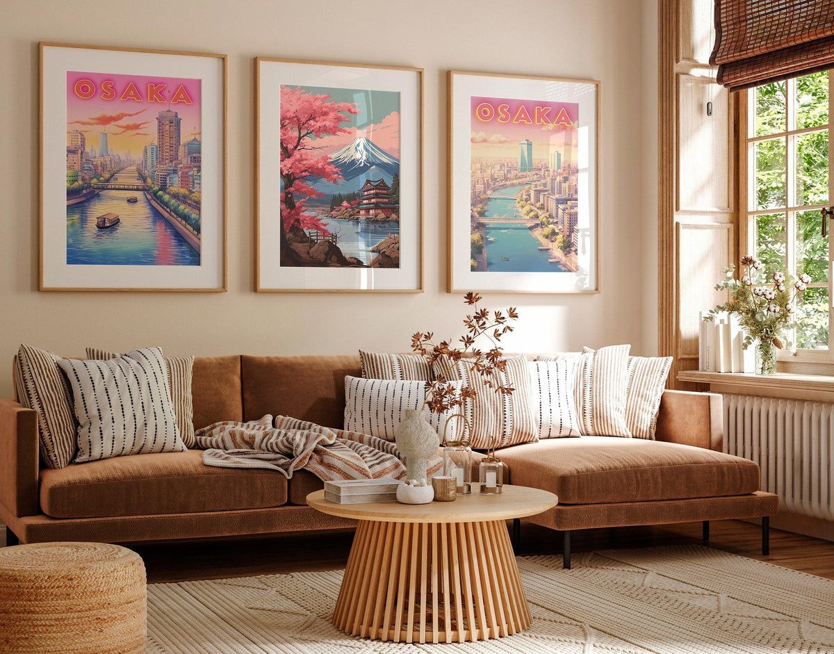 Set Of 3 Japan Poster, Pink Cherry Blossom Print, Mount Fuji Poster, Osaka Poster, Japanese Colorful Set, Home Decoration For Traveller