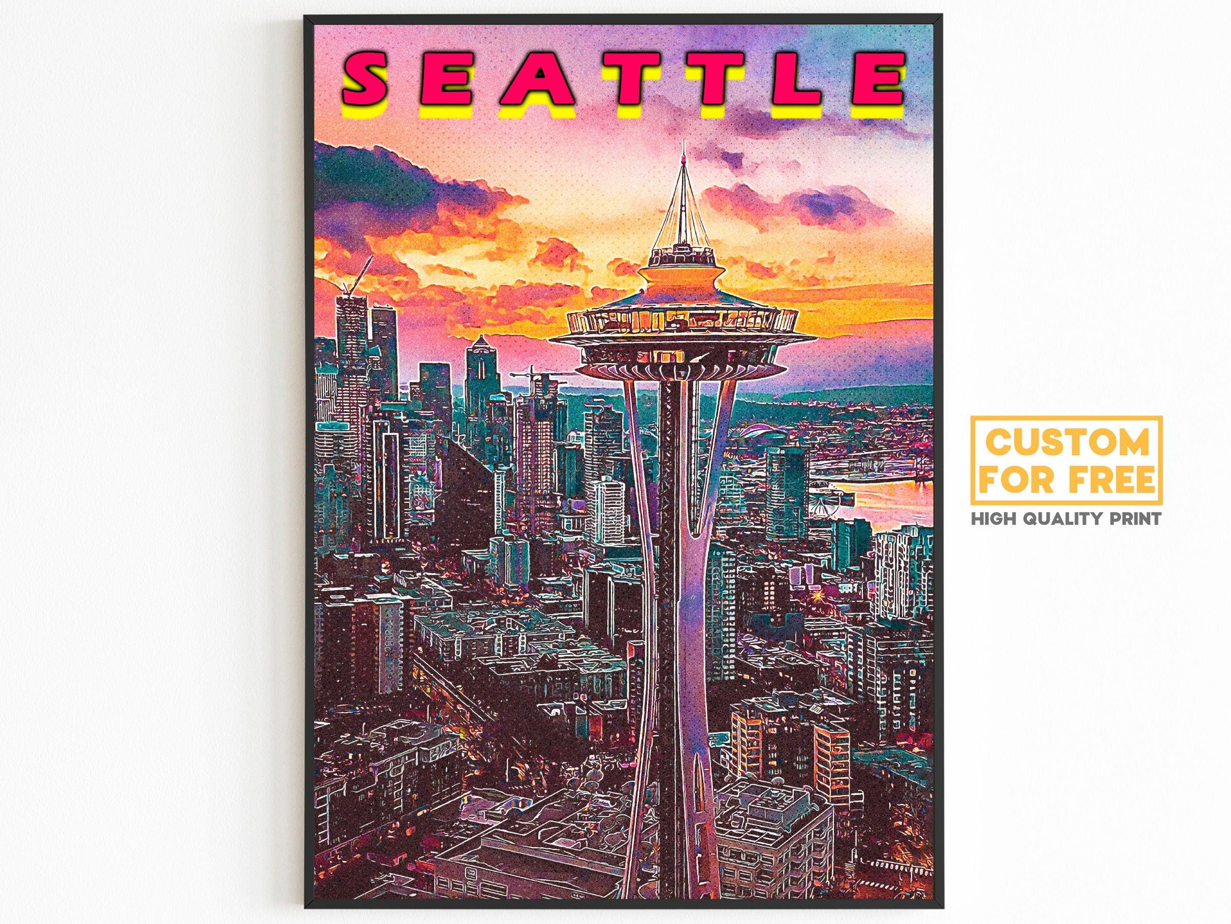 Seattle Poster, Vaporwave Sunset Clouds, Retro Vibrant Poster, Washington Colorful, Printable Wall Art For World Traveller