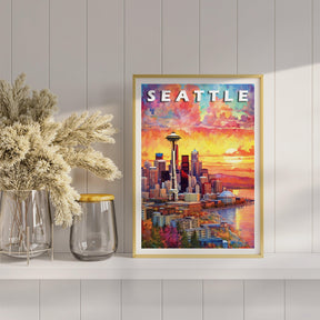 Seattle Poster, Magic Travel Print, Washington Colorful, Retro Vibrant Poster, Printable Wall Art For World Traveller