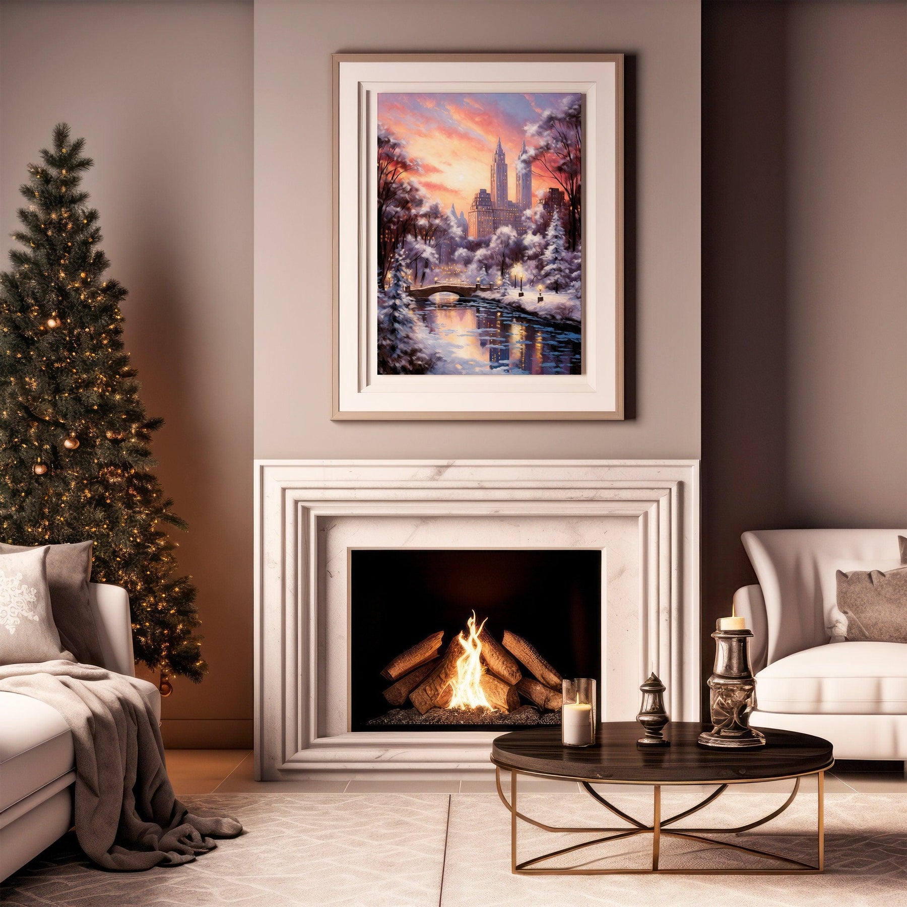 New York Winter Poster, Central Park Poster, Sunset Lights, Decor For World Traveller, Oil Painting Christmas Gift, Aesthetic Snowing