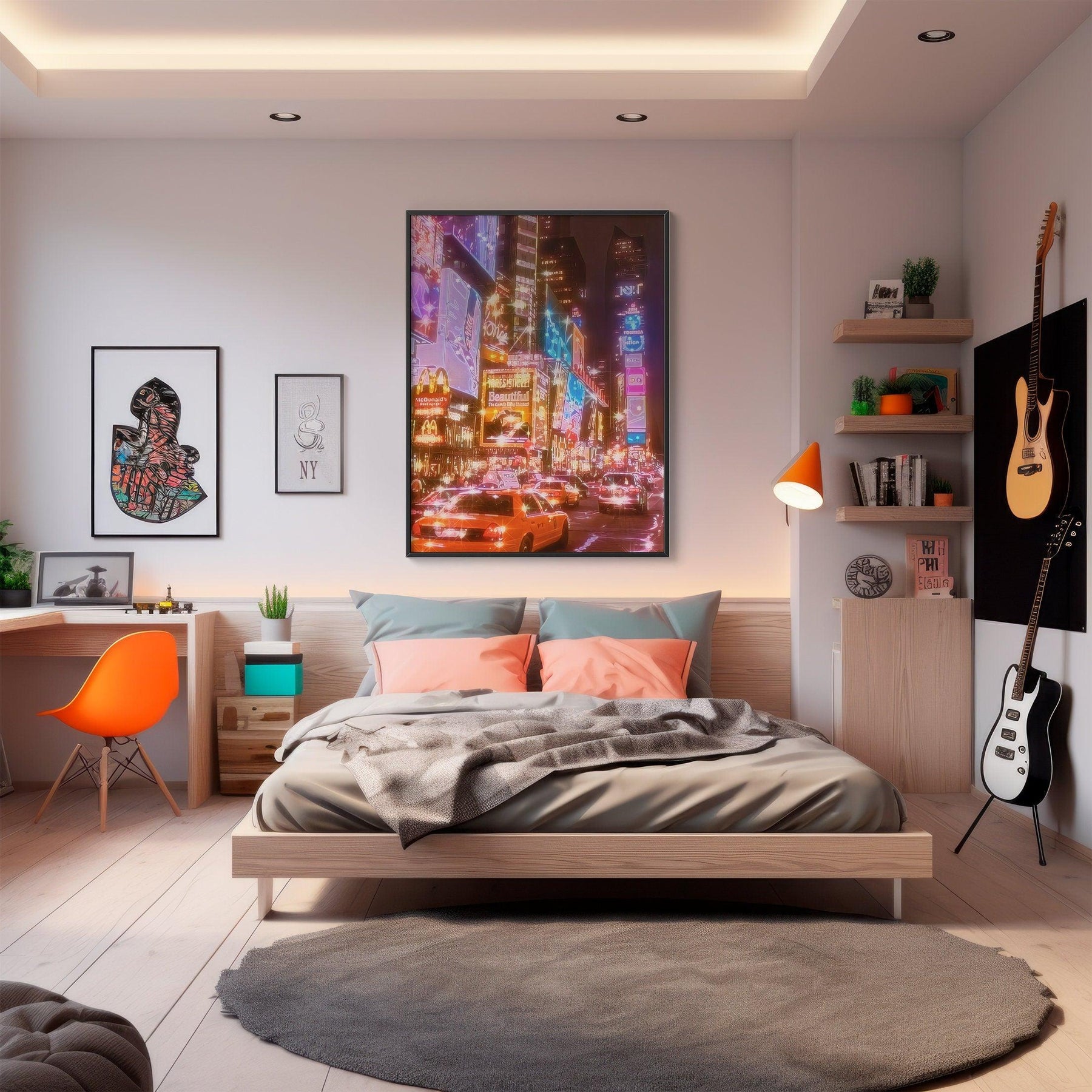 New York City Night, Neon Light Art, Trendy Fashion Poster, Bright Lights, NYC Movie, Aesthetic NY, Oil Painting Decoration, USA Travel Gift