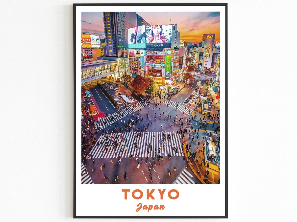 Japan Poster, Tokyo Print, Colorful Travel Poster, Shibuya, Famous Place, Crossing, City Room Decor, Gift For World Traveller
