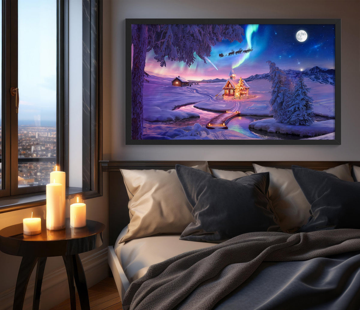 Santa Claus Christmas Village Printable Decor, Aurora Borealis Light Art, Lapland Christmas Tree Light Poster, Colorful Starry Sky Night