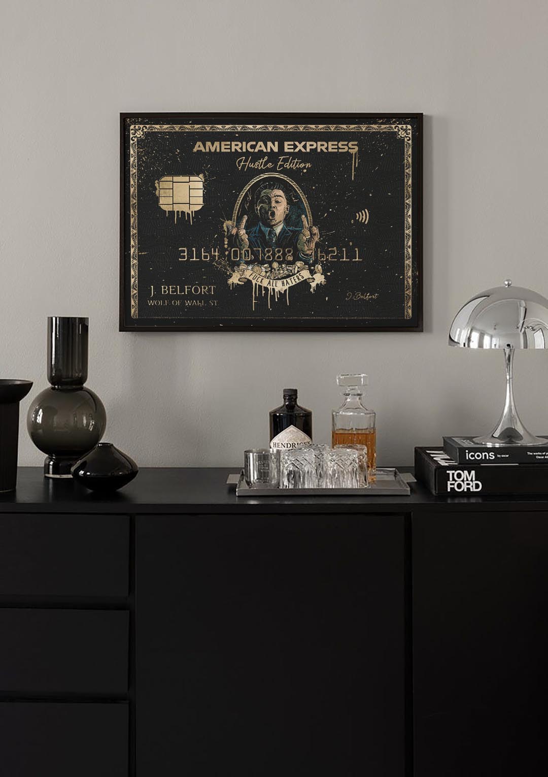 Wolf of Wall Street Amex style canvas above a dark sideboard with luxury office decor and a silver lamp.